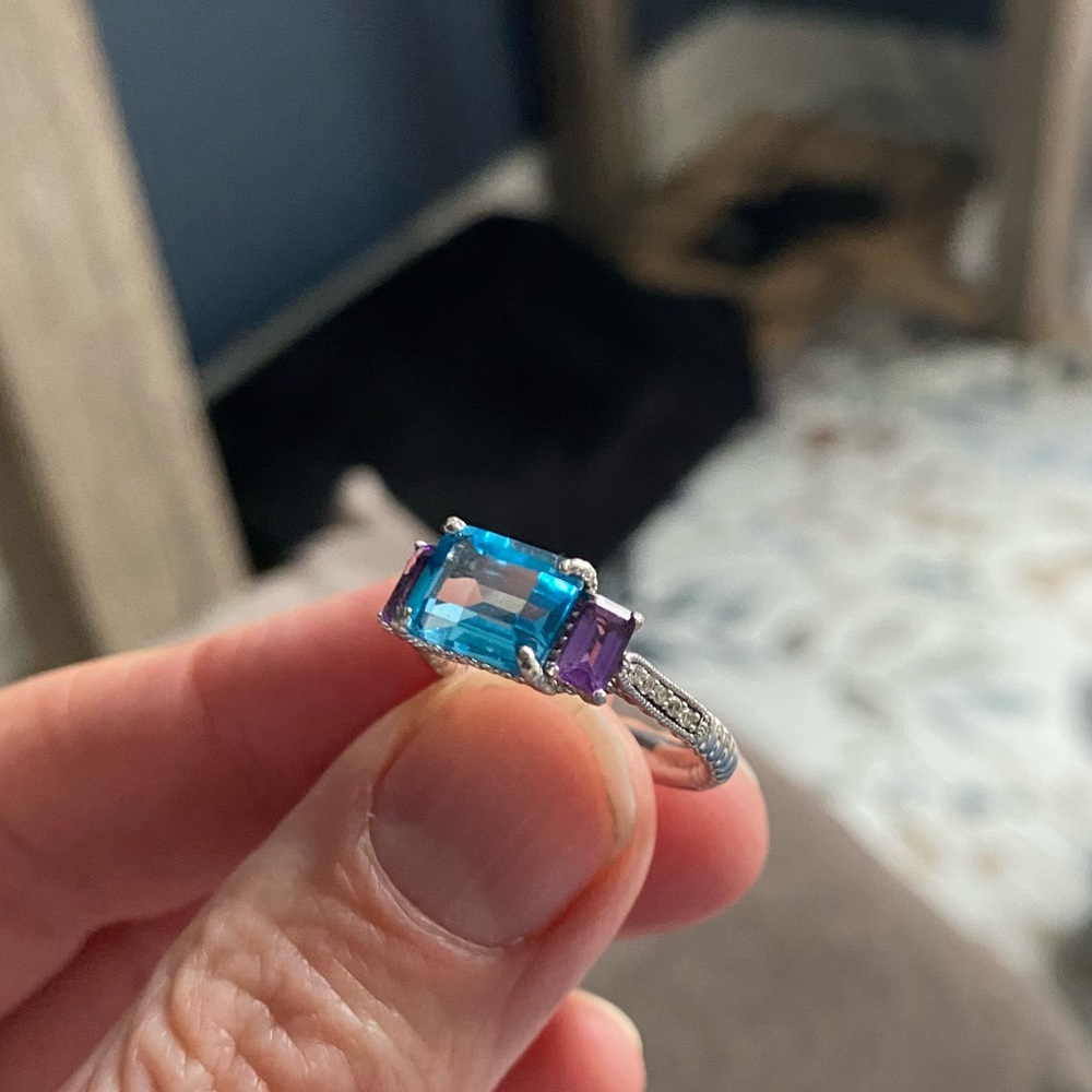 Silver gemstone and diamond ring. Aquamarine and amethyst, size 7.